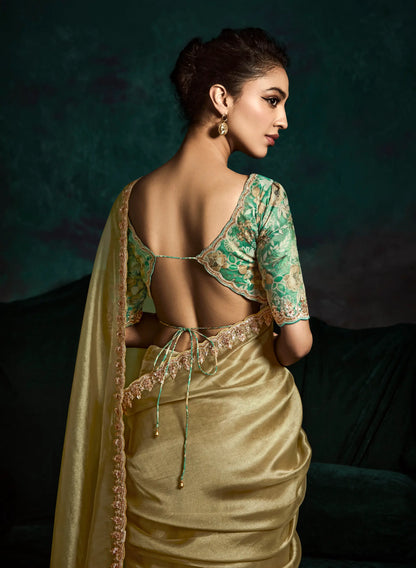 Dusty Lime Glass Organza Saree With Digital Print,  Sequence & Thread Embroidery Work