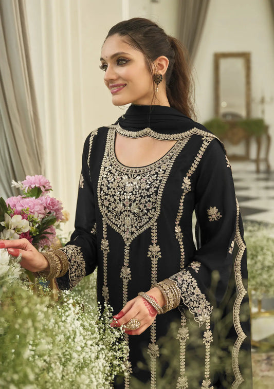 Smoky Black Chinon Embroidered Salwar Suit