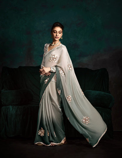 Shaded Glass Organza Saree With Digital Print,  Sequence & Thread Embroidery Work