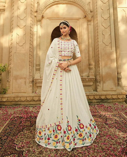 Dusty White Georgette Thread with Sequence Embroidery Work Lehenga Choli