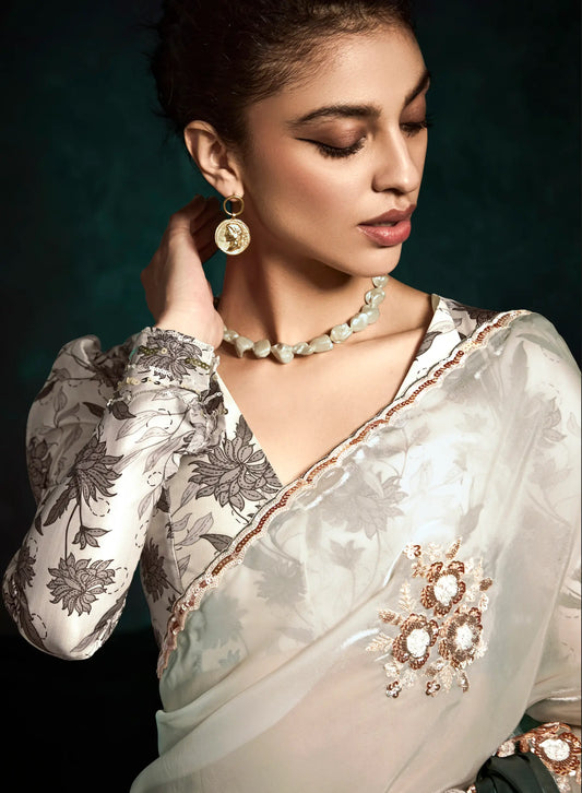 Shaded Glass Organza Saree With Digital Print,  Sequence & Thread Embroidery Work