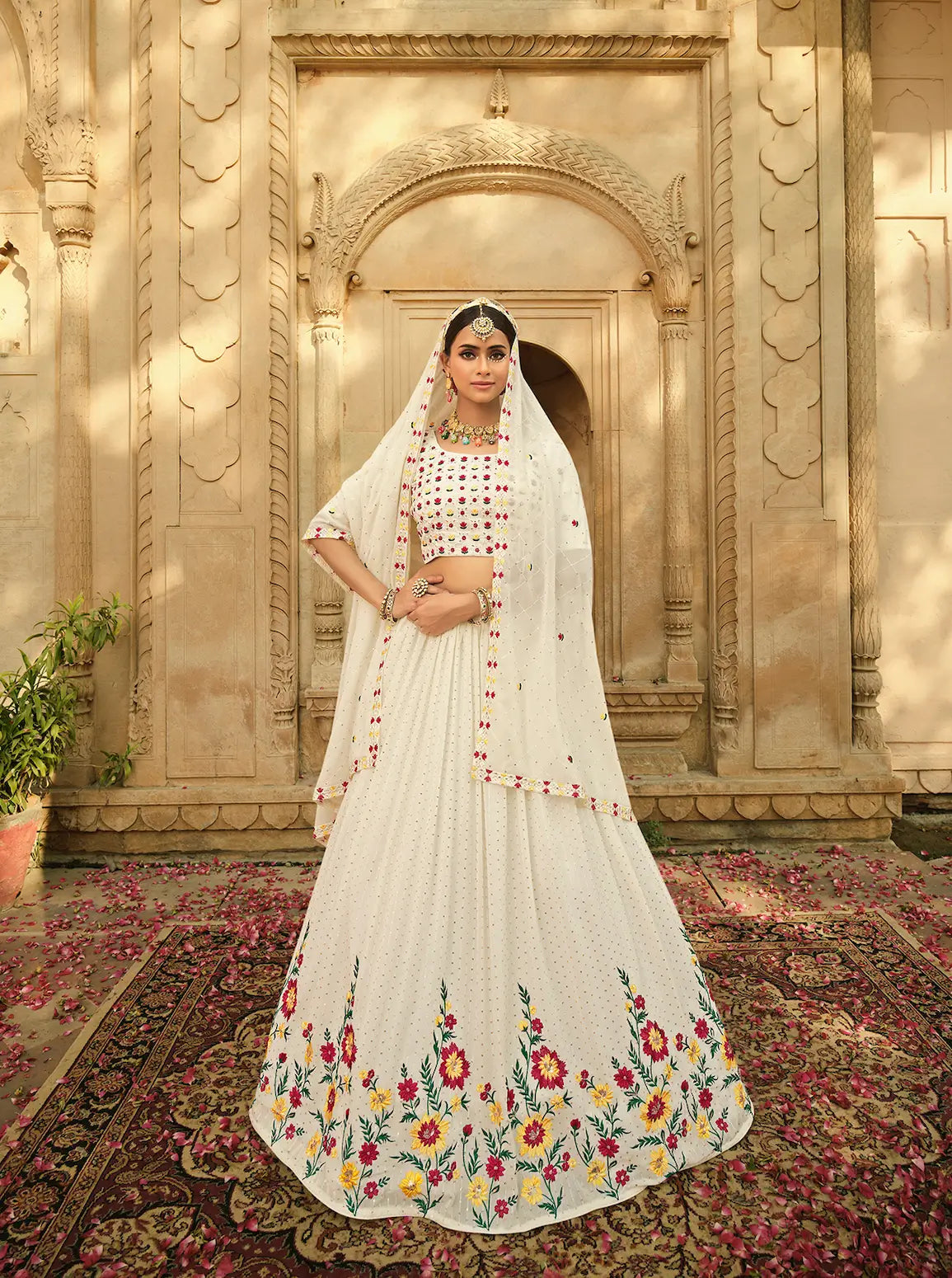 Dusty White Georgette Thread with Sequence Embroidery Work Lehenga Choli