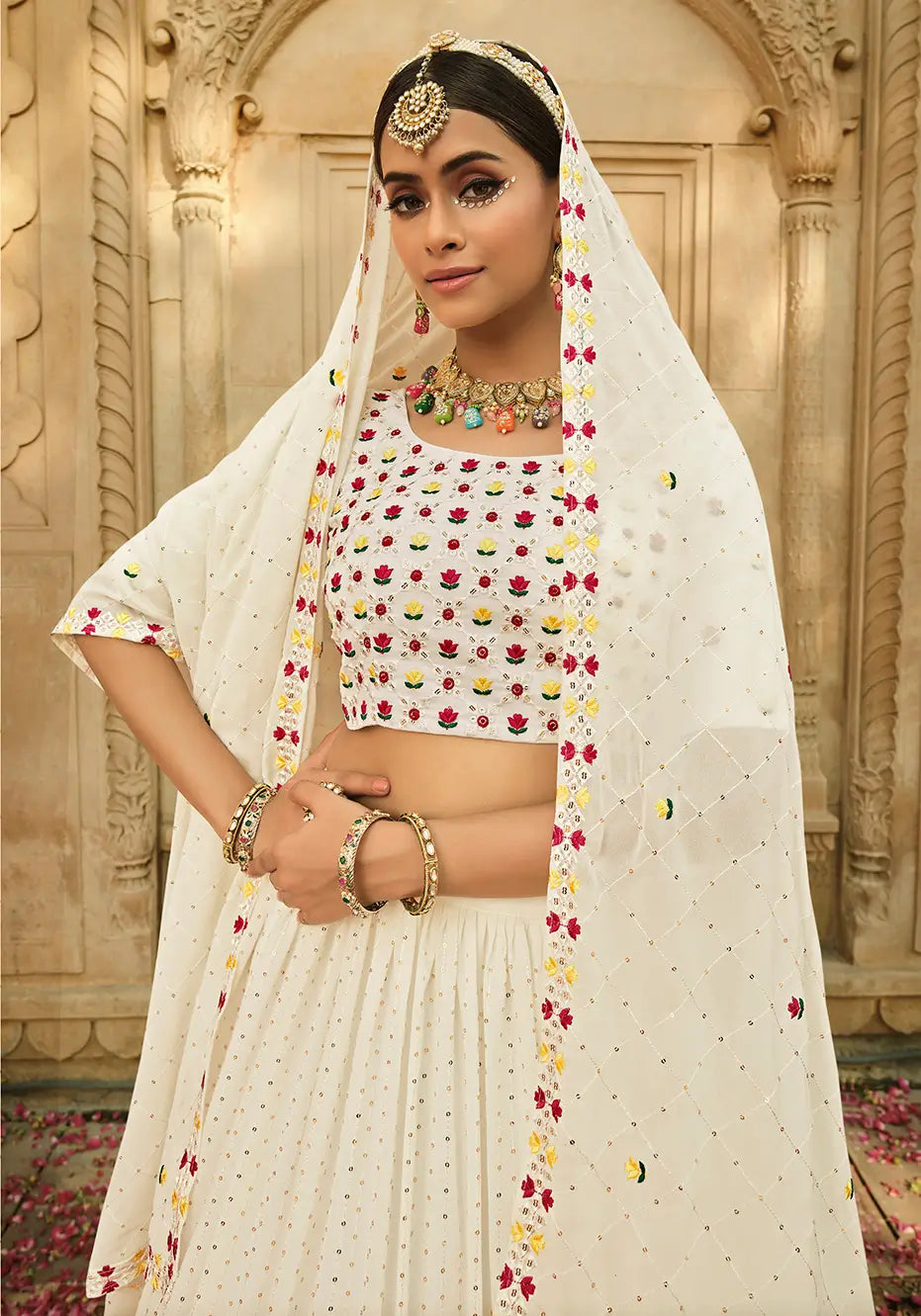 Dusty White Georgette Thread with Sequence Embroidery Work Lehenga Choli