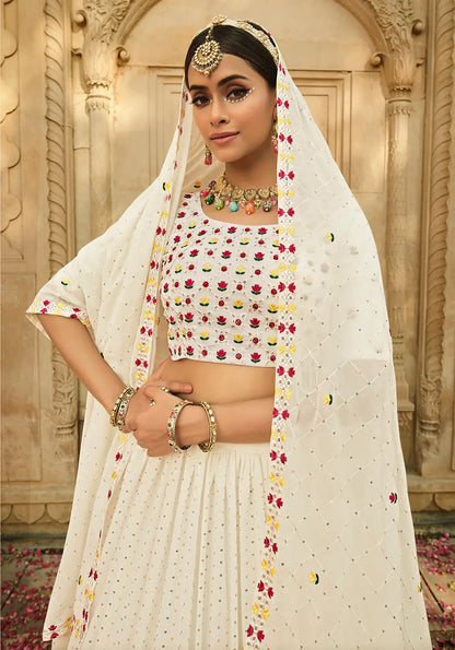 Dusty White Georgette Thread with Sequence Embroidery Work Lehenga Choli