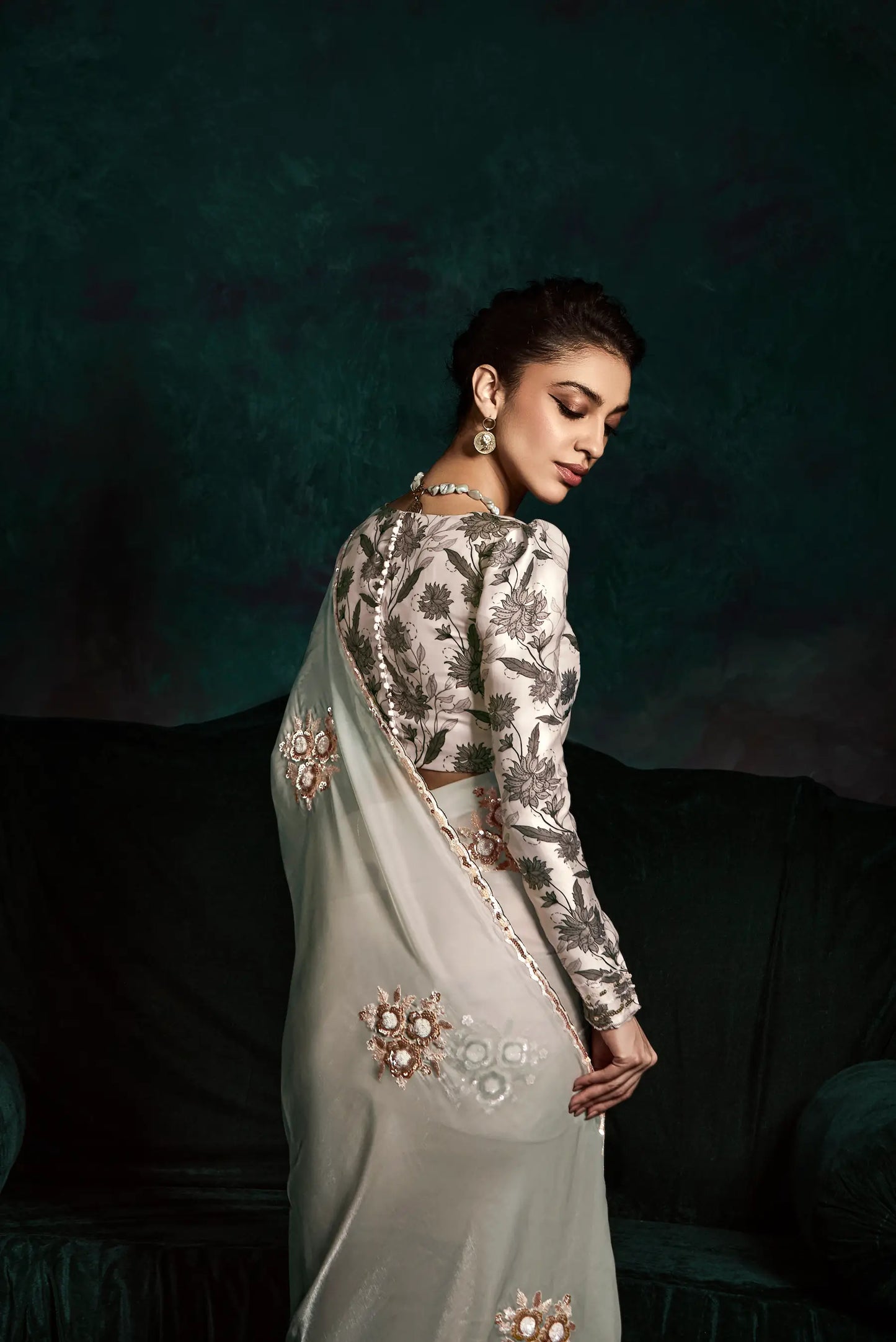 Shaded Glass Organza Saree With Digital Print,  Sequence & Thread Embroidery Work