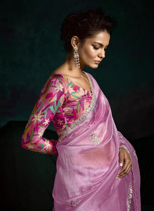 Blush Pink Glass Organza Saree With Digital Print,  Sequence & Thread Embroidery Work