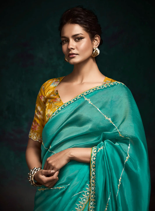 Teal Green Glass Organza Saree With Digital Print,  Sequence & Thread Embroidery Work
