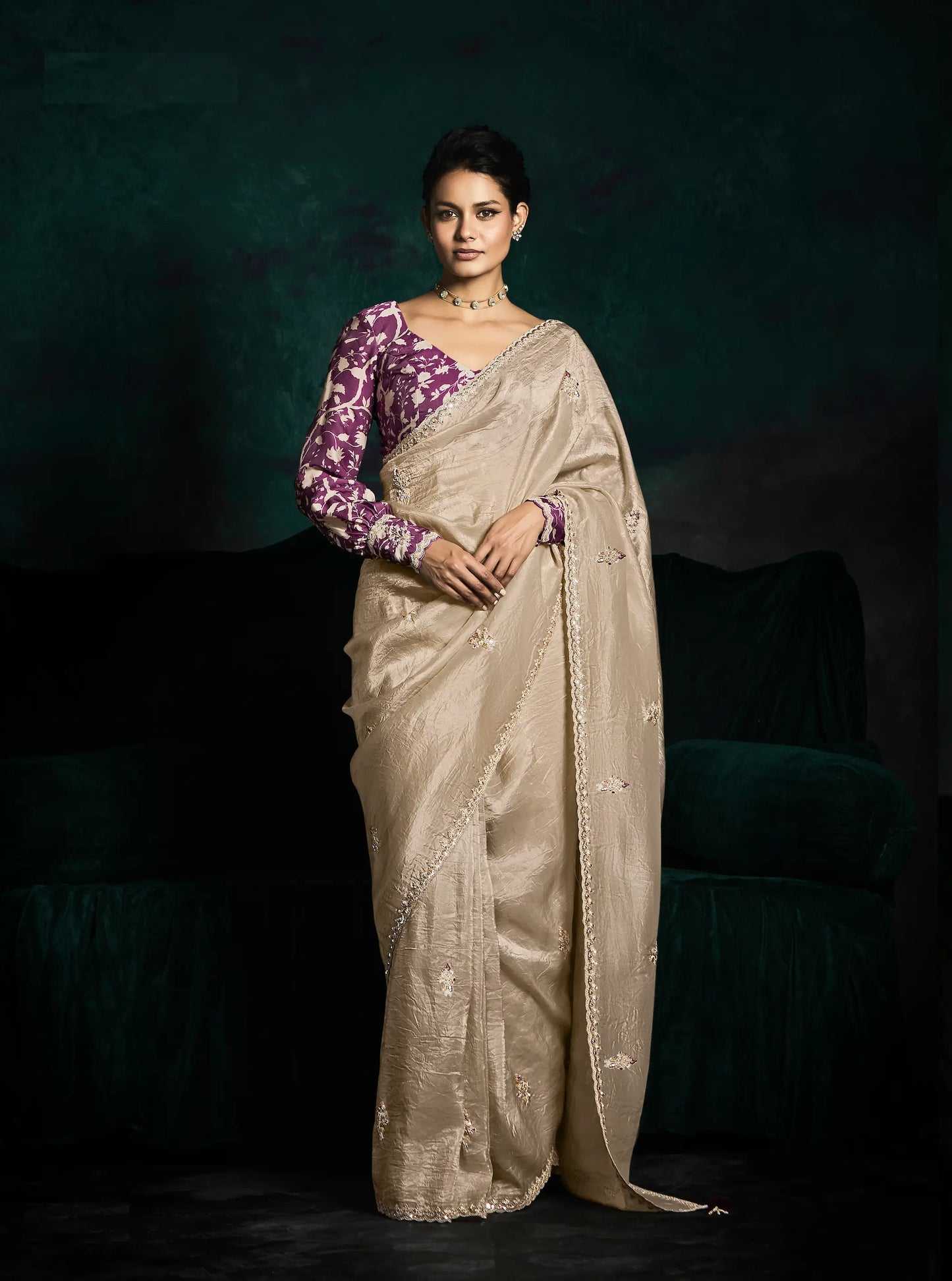 Beige Glass Organza Saree With Digital Print,  Sequence & Thread Embroidery Work