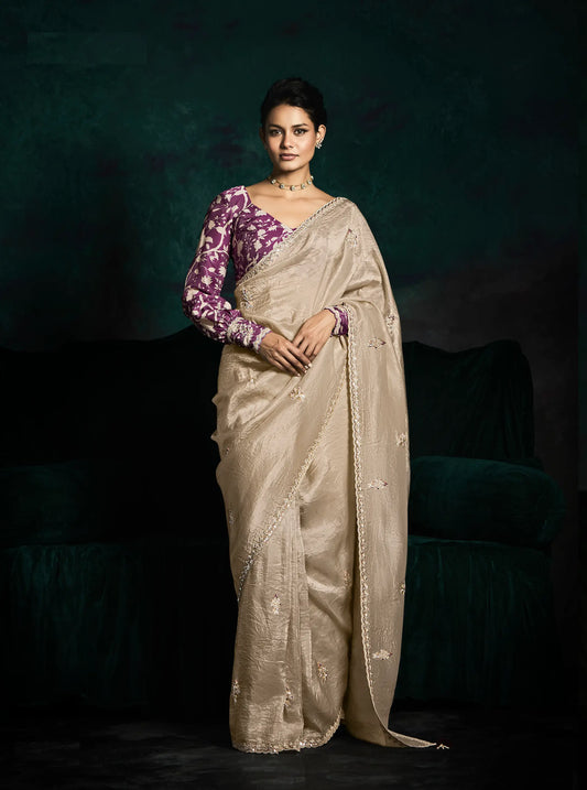 Beige Glass Organza Saree With Digital Print,  Sequence & Thread Embroidery Work