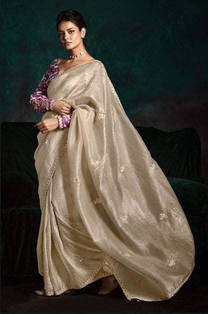 Beige Glass Organza Saree With Digital Print,  Sequence & Thread Embroidery Work