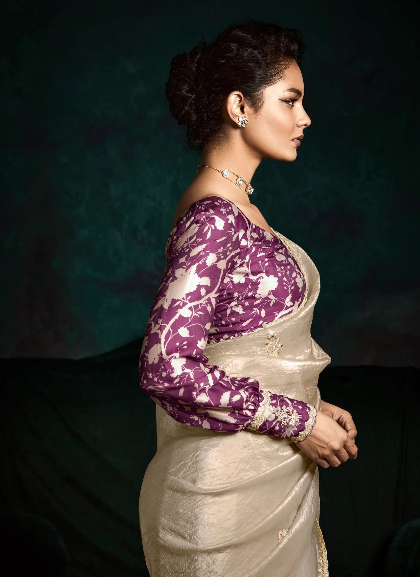 Beige Glass Organza Saree With Digital Print,  Sequence & Thread Embroidery Work