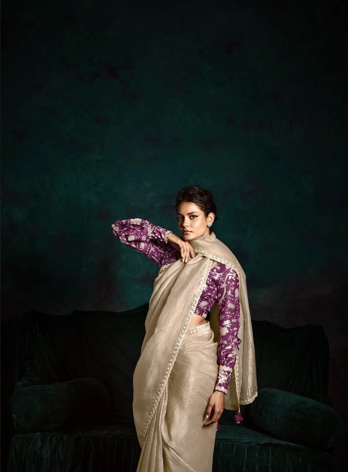 Beige Glass Organza Saree With Digital Print,  Sequence & Thread Embroidery Work