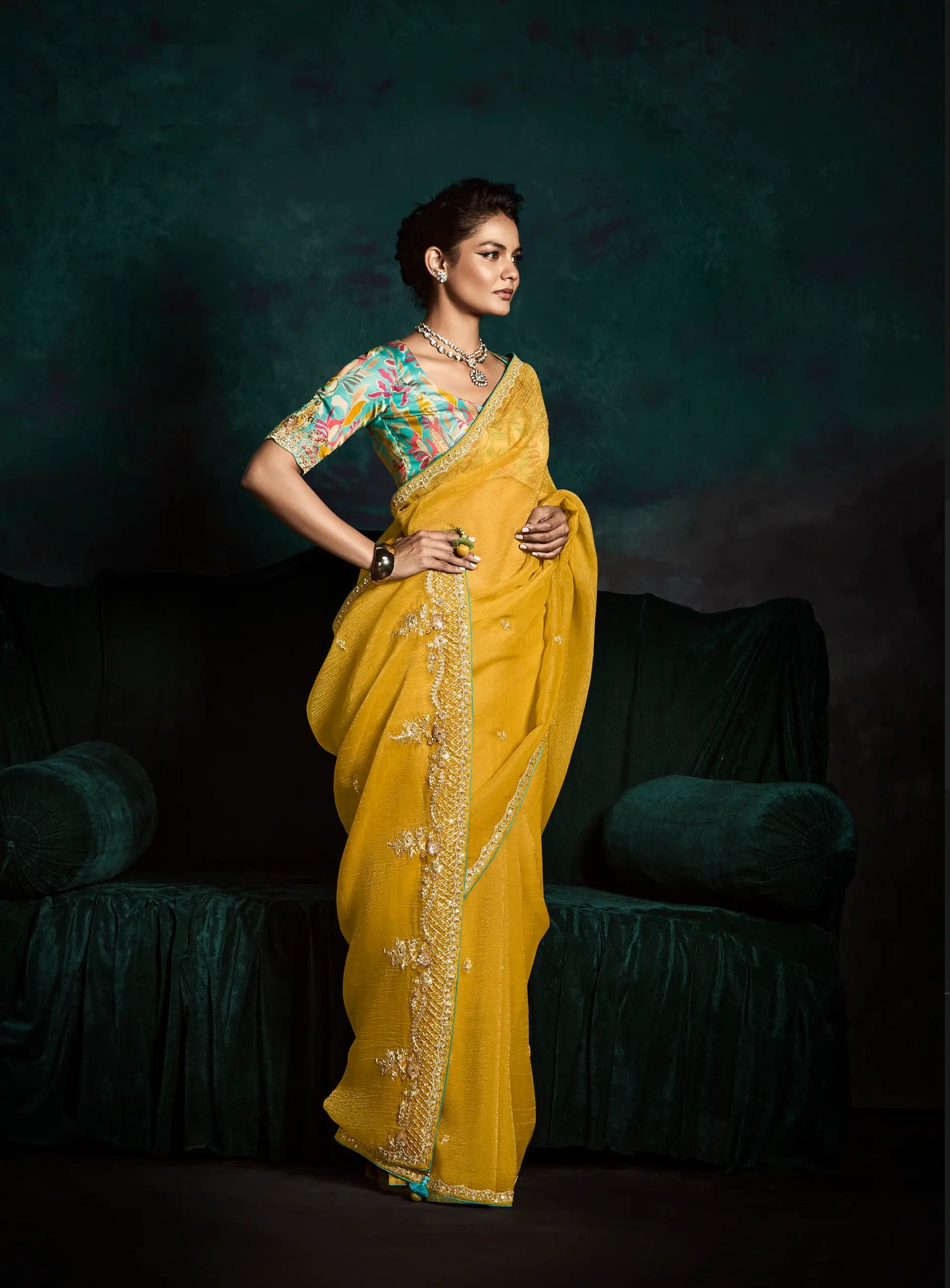 Yellow Glass Organza Saree With Digital Print,  Sequence & Thread Embroidery Work