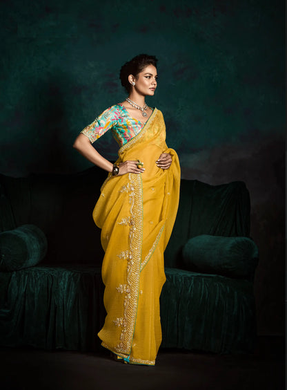 Yellow Glass Organza Saree With Digital Print,  Sequence & Thread Embroidery Work