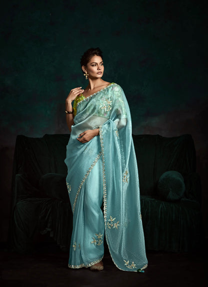 Sky Blue Glass Organza Saree With Digital Print,  Sequence & Thread Embroidery Work