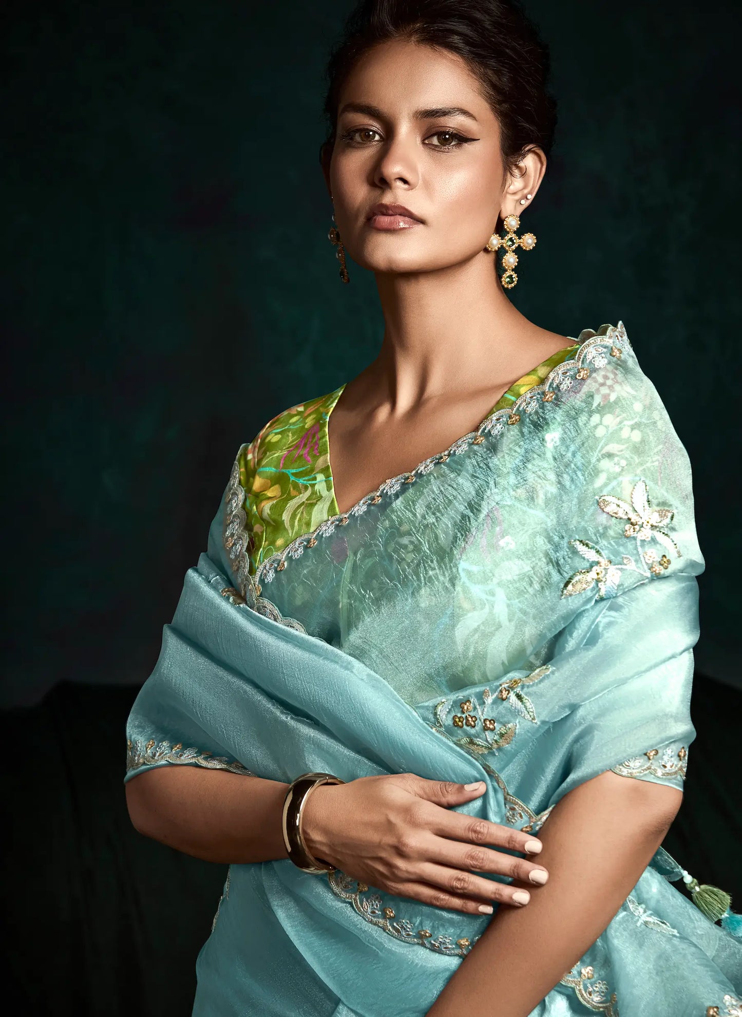 Sky Blue Glass Organza Saree With Digital Print,  Sequence & Thread Embroidery Work