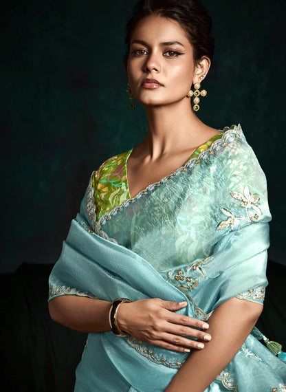 Sky Blue Glass Organza Saree With Digital Print,  Sequence & Thread Embroidery Work