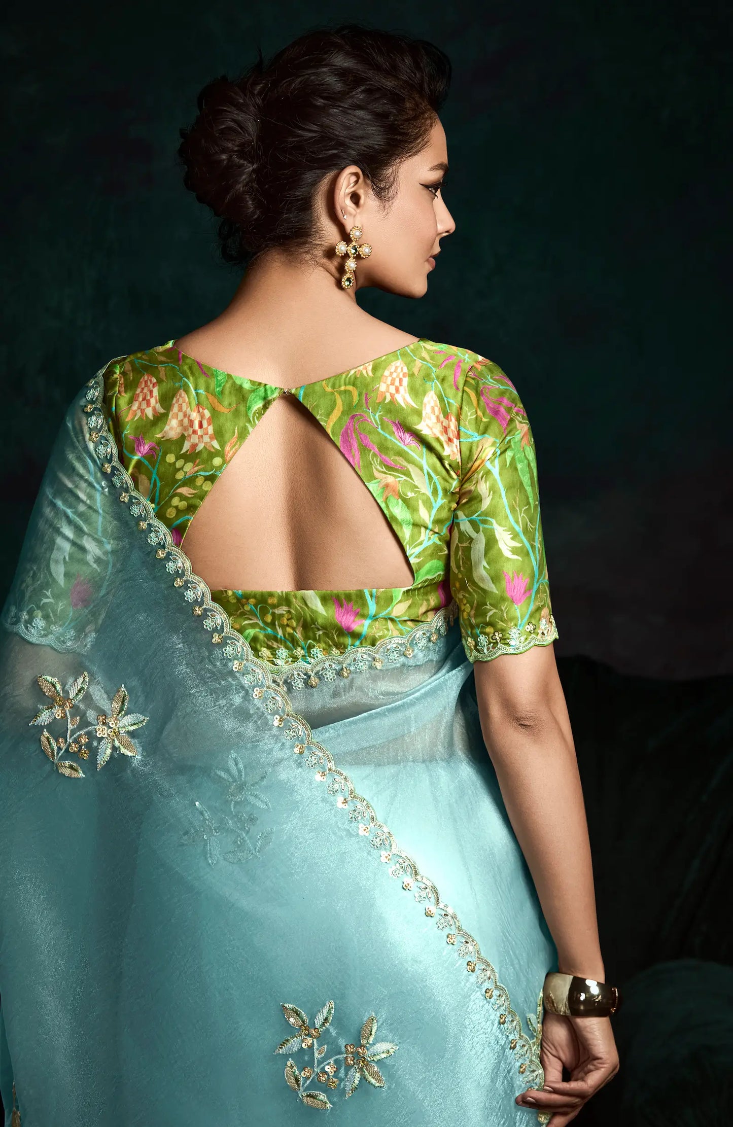 Sky Blue Glass Organza Saree With Digital Print,  Sequence & Thread Embroidery Work