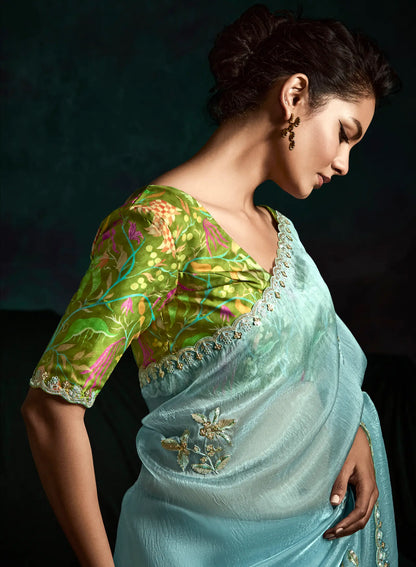 Sky Blue Glass Organza Saree With Digital Print,  Sequence & Thread Embroidery Work