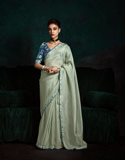 Pastel Grey Glass Organza Saree With Digital Print,  Sequence & Thread Embroidery Work