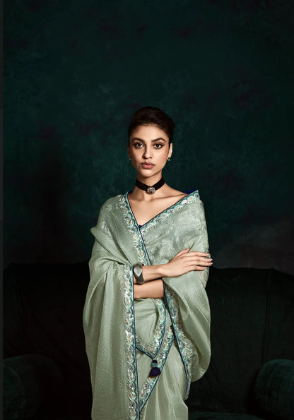 Pastel Grey Glass Organza Saree With Digital Print,  Sequence & Thread Embroidery Work