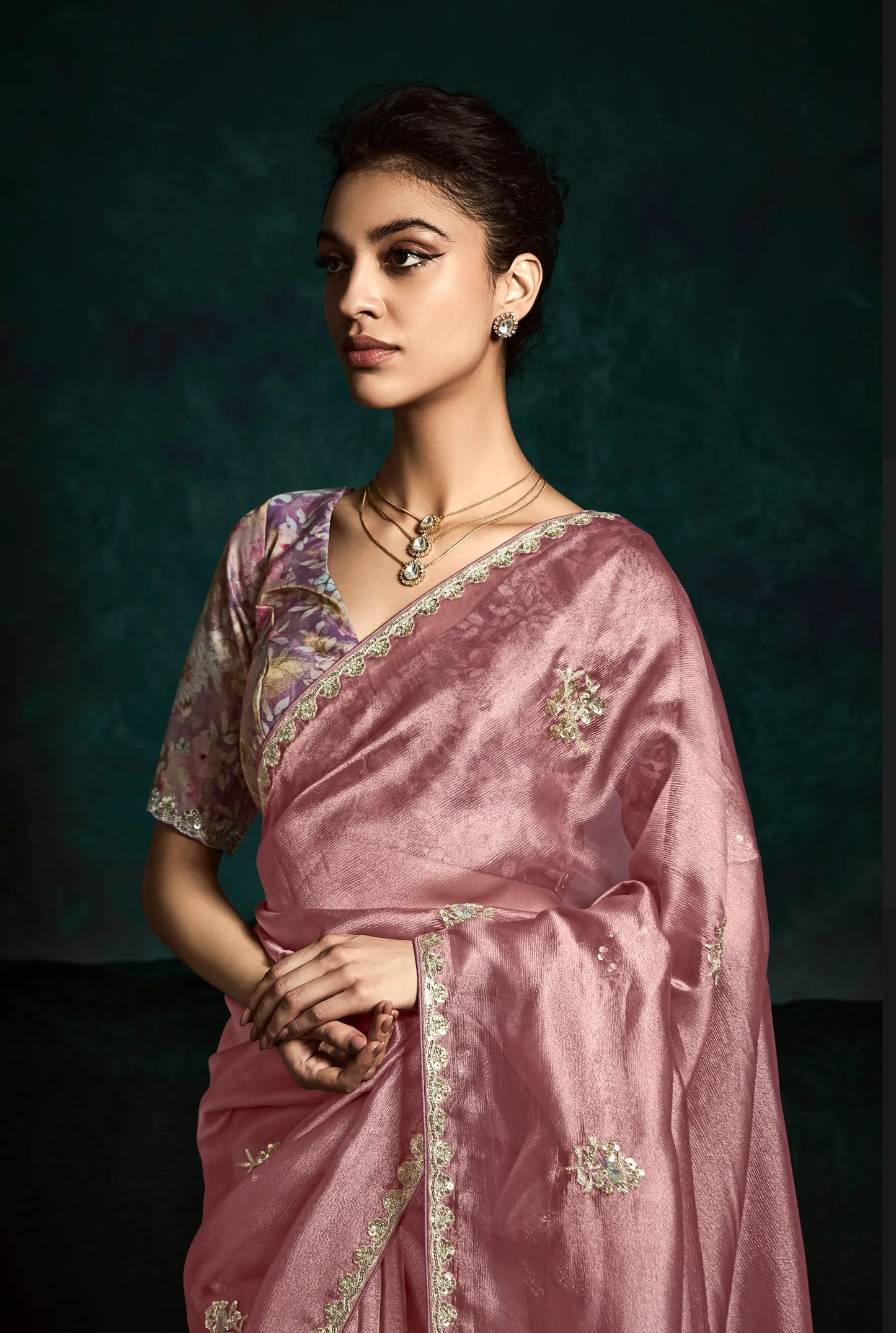 Dusty Peach Glass Organza Saree With Digital Print,  Sequence & Thread Embroidery Work