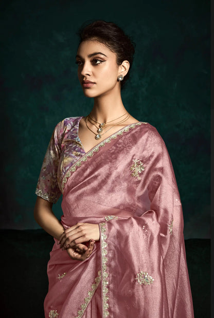 Dusty Peach Glass Organza Saree With Digital Print,  Sequence & Thread Embroidery Work