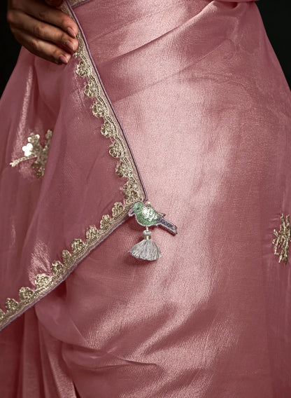 Dusty Peach Glass Organza Saree With Digital Print,  Sequence & Thread Embroidery Work