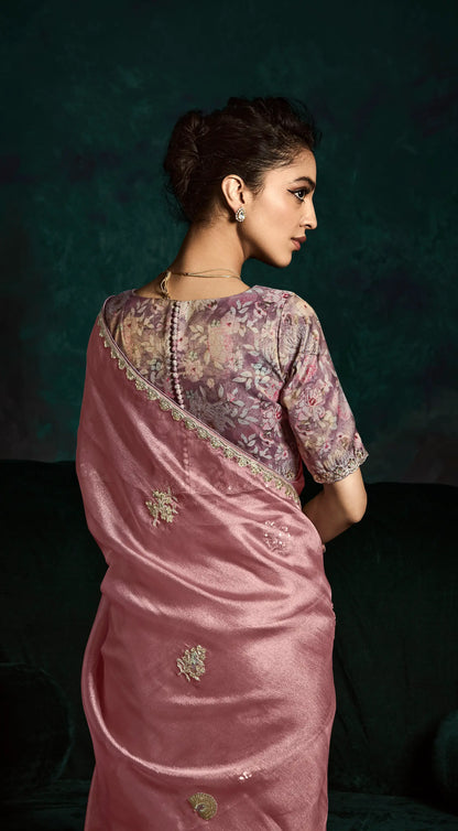 Dusty Peach Glass Organza Saree With Digital Print,  Sequence & Thread Embroidery Work