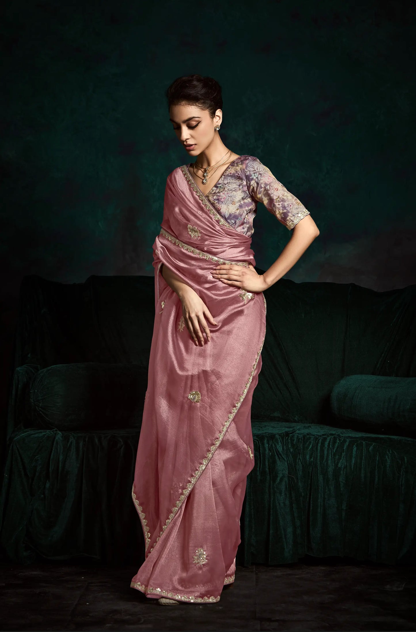 Dusty Peach Glass Organza Saree With Digital Print,  Sequence & Thread Embroidery Work