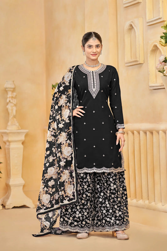 Black Roman Silk Thread & Sequins Embroidery Work Palazzo Set