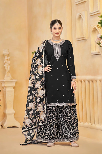 Black Roman Silk Thread & Sequins Embroidery Work Palazzo Set
