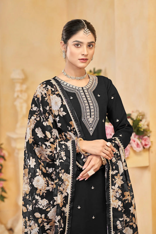 Black Roman Silk Thread & Sequins Embroidery Work Palazzo Set