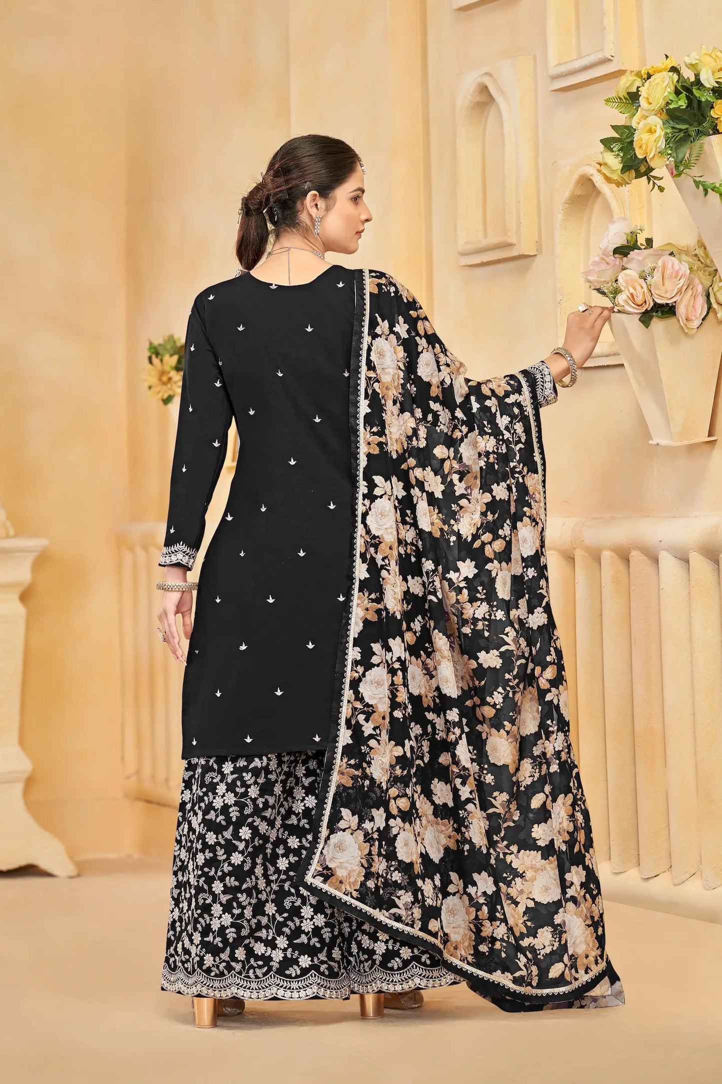 Black Roman Silk Thread & Sequins Embroidery Work Palazzo Set
