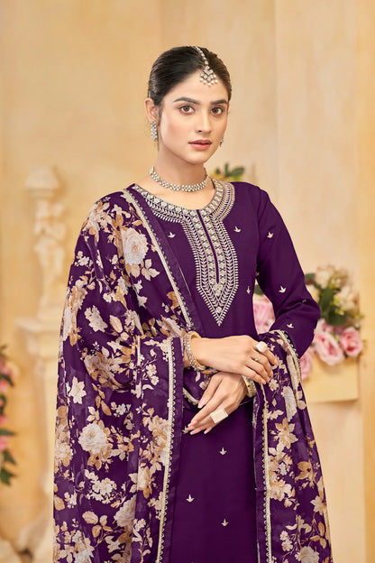 Purple Roman Silk Thread & Sequins Embroidery Work Palazzo Set