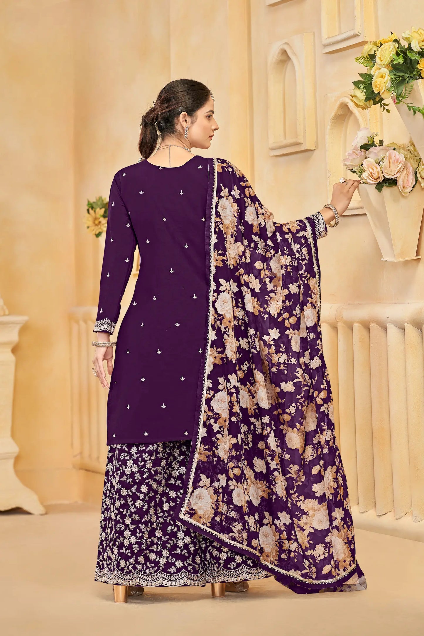 Purple Roman Silk Thread & Sequins Embroidery Work Palazzo Set