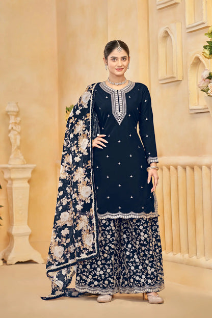 Navy Blue Roman Silk Thread & Sequins Embroidery Work Palazzo Set