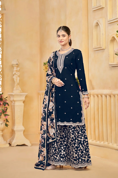 Navy Blue Roman Silk Thread & Sequins Embroidery Work Palazzo Set