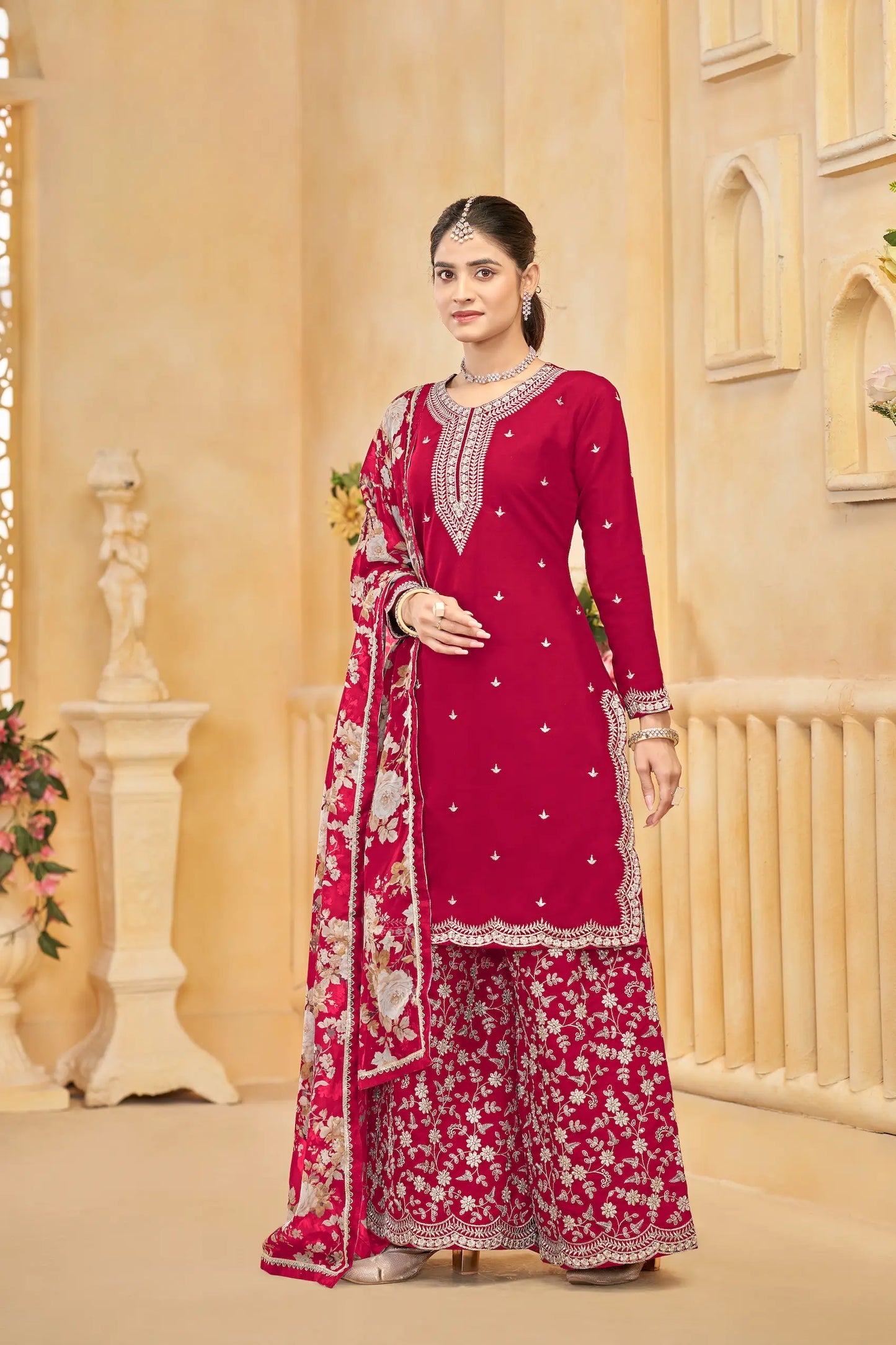 Red Roman Silk Thread & Sequins Embroidery Work Palazzo Set