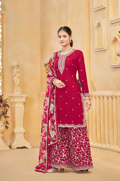 Red Roman Silk Thread & Sequins Embroidery Work Palazzo Set