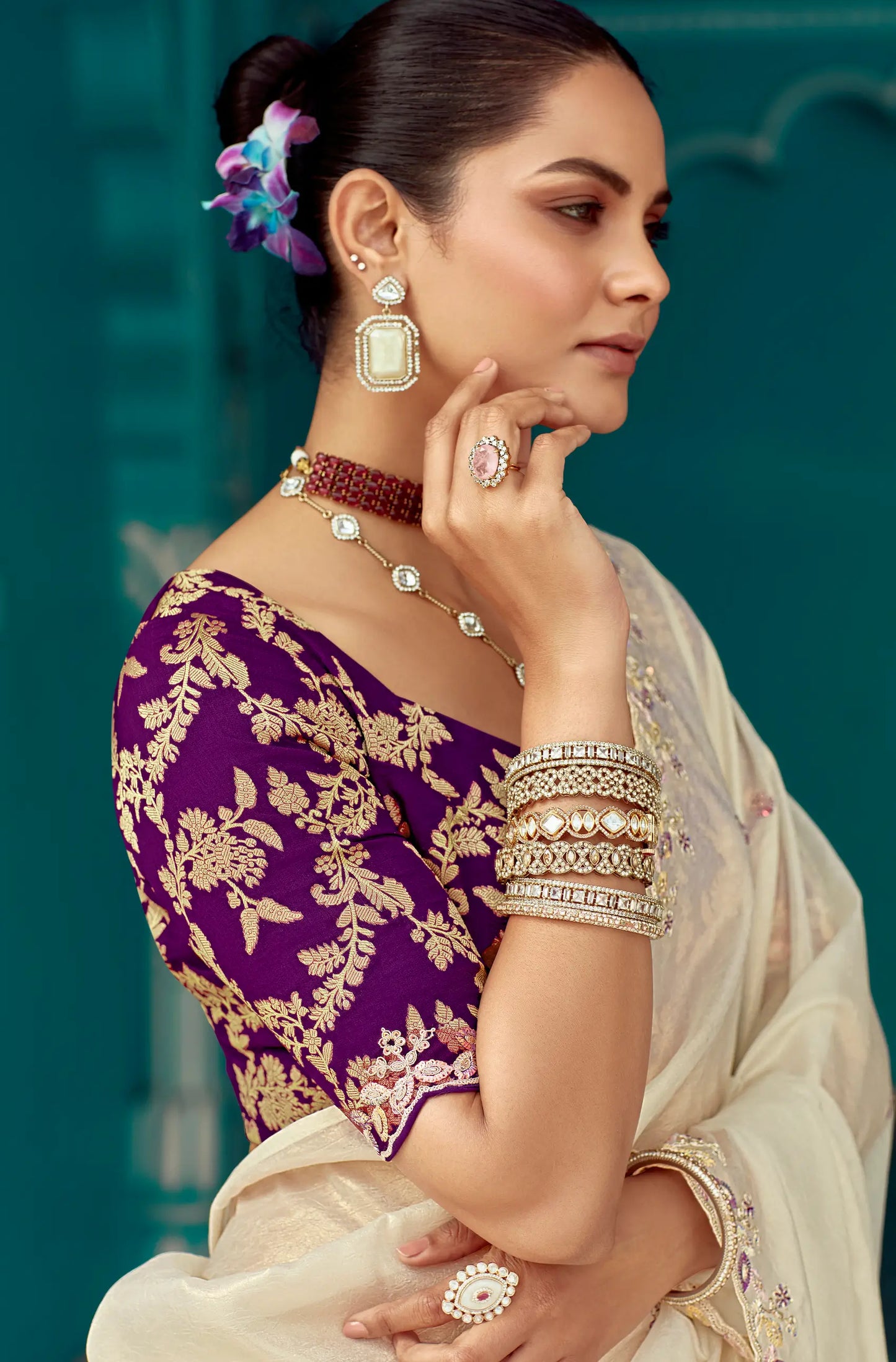 Beige Organza Embroidery Work Party wear Saree