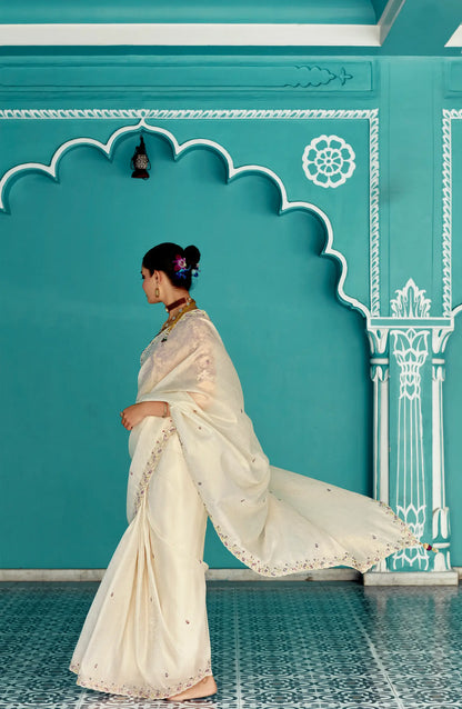 Beige Organza Embroidery Work Party wear Saree