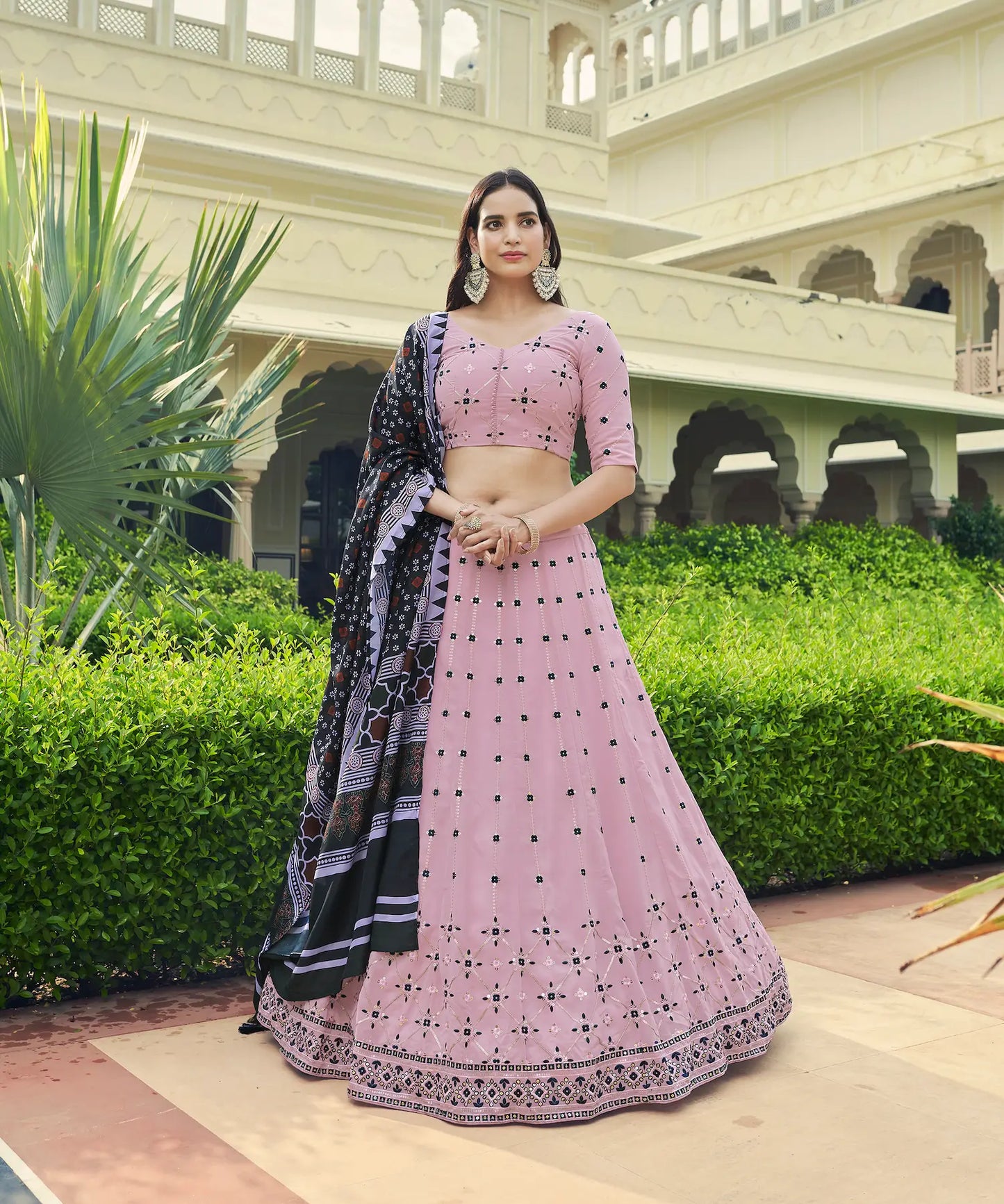 Dusty Pink Georgette Lehenga Choli With Thread with Sequence Embroidery Work