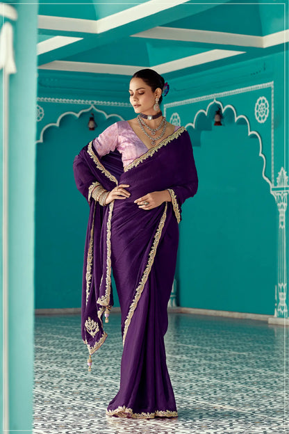 Dark Purple Organza Embroidery Work Party wear Saree