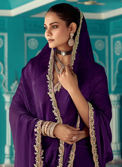 Dark Purple Organza Embroidery Work Party wear Saree