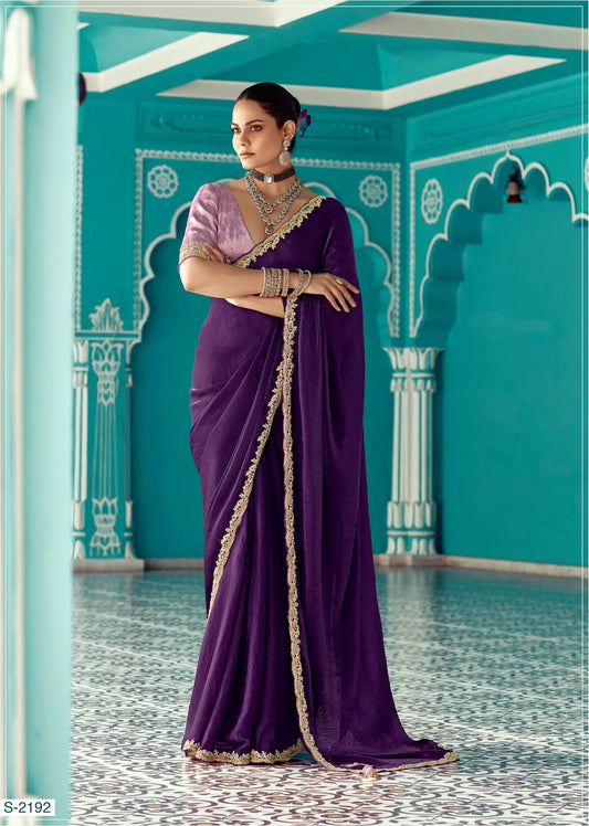 Dark Purple Organza Embroidery Work Party wear Saree
