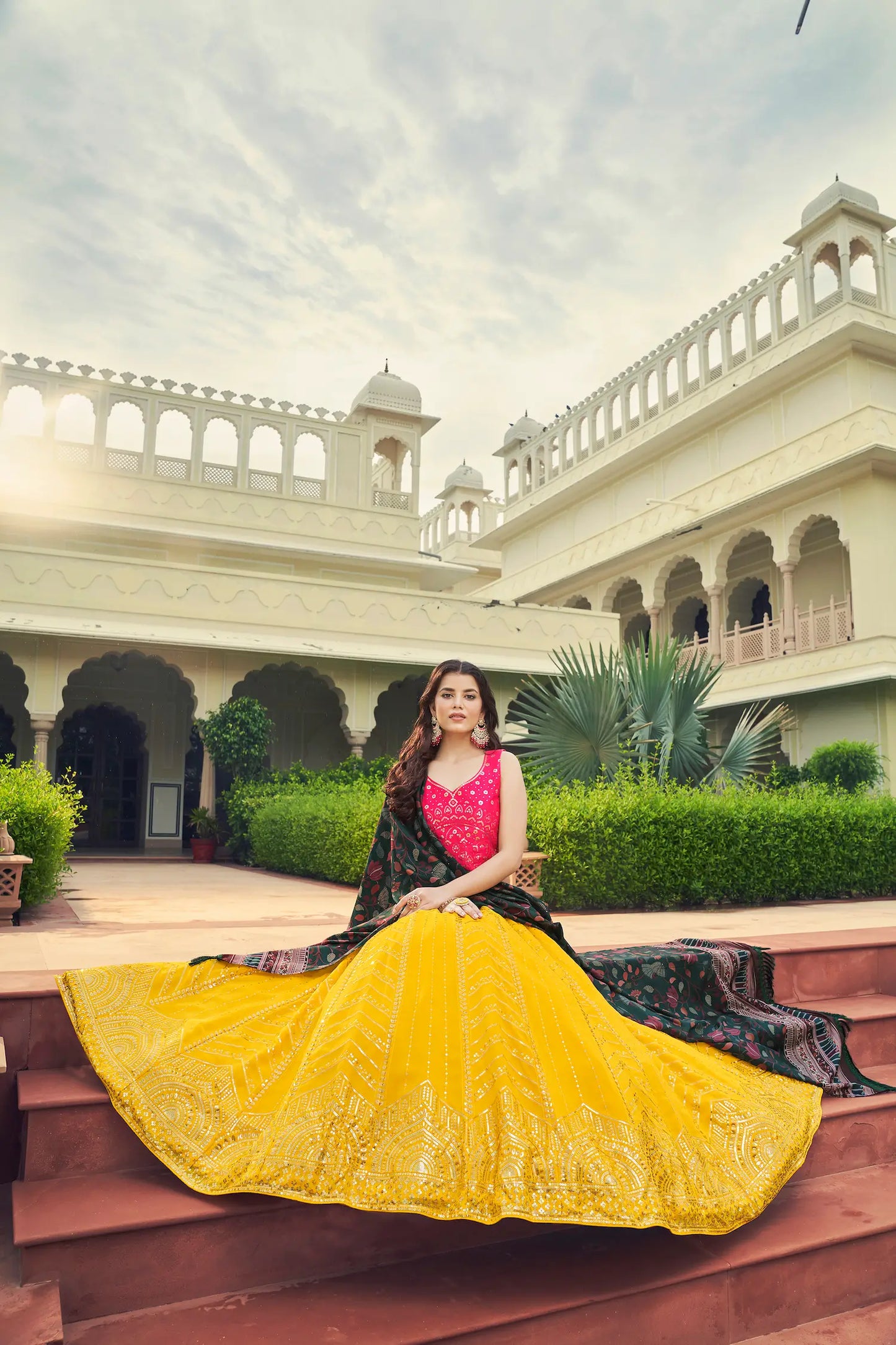 Yellow-Pink Georgette Lehenga Choli With Thread with Sequence Embroidery Work
