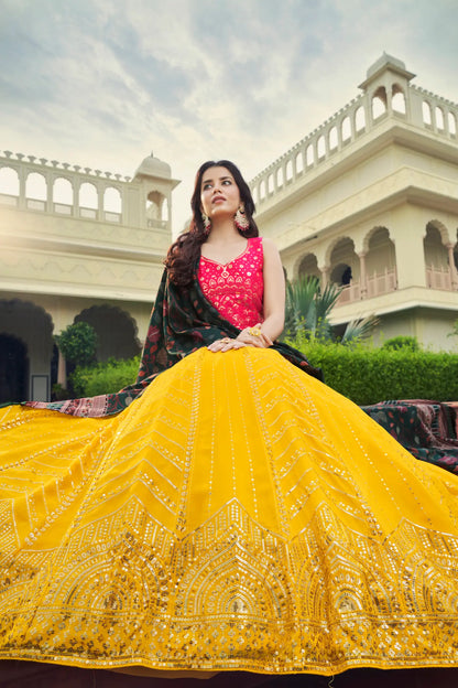 Yellow-Pink Georgette Lehenga Choli With Thread with Sequence Embroidery Work