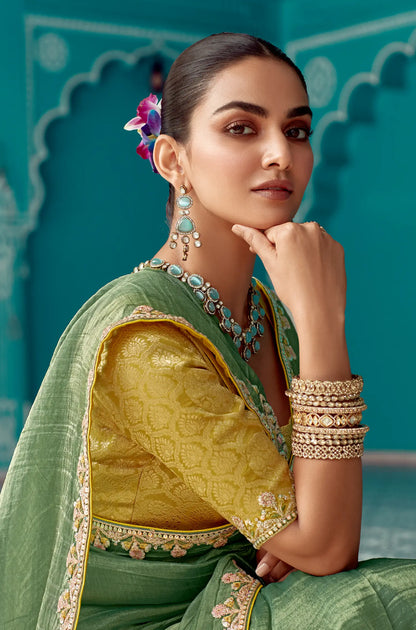 Olive Green Organza Embroidery Work Party wear Saree