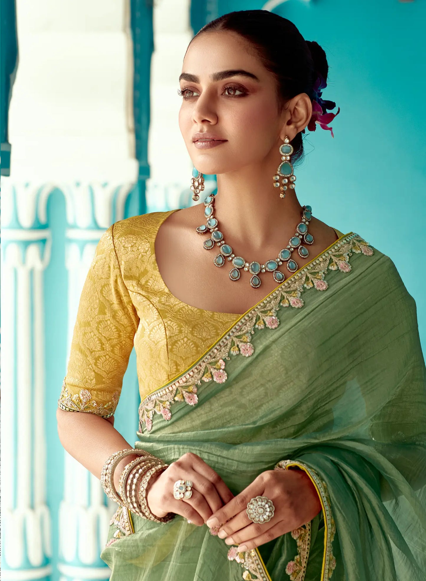 Olive Green Organza Embroidery Work Party wear Saree
